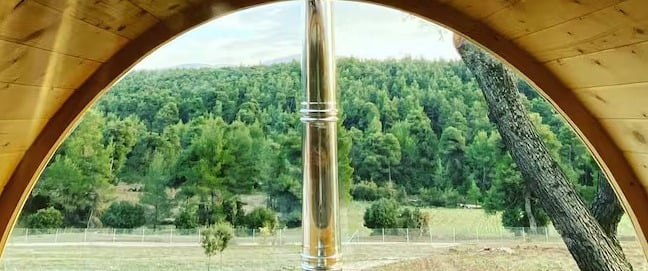 The forest seen through the half-moon window of the sauna